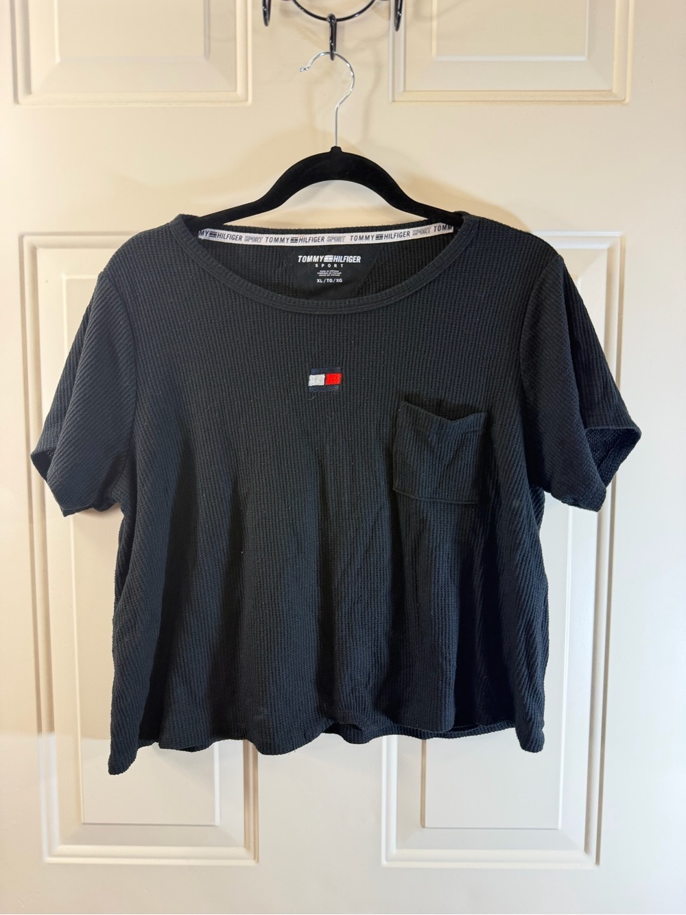 Tommy Hilfiger Sport Waffle Knit Tee Women’s XL Black Pocket 0529
